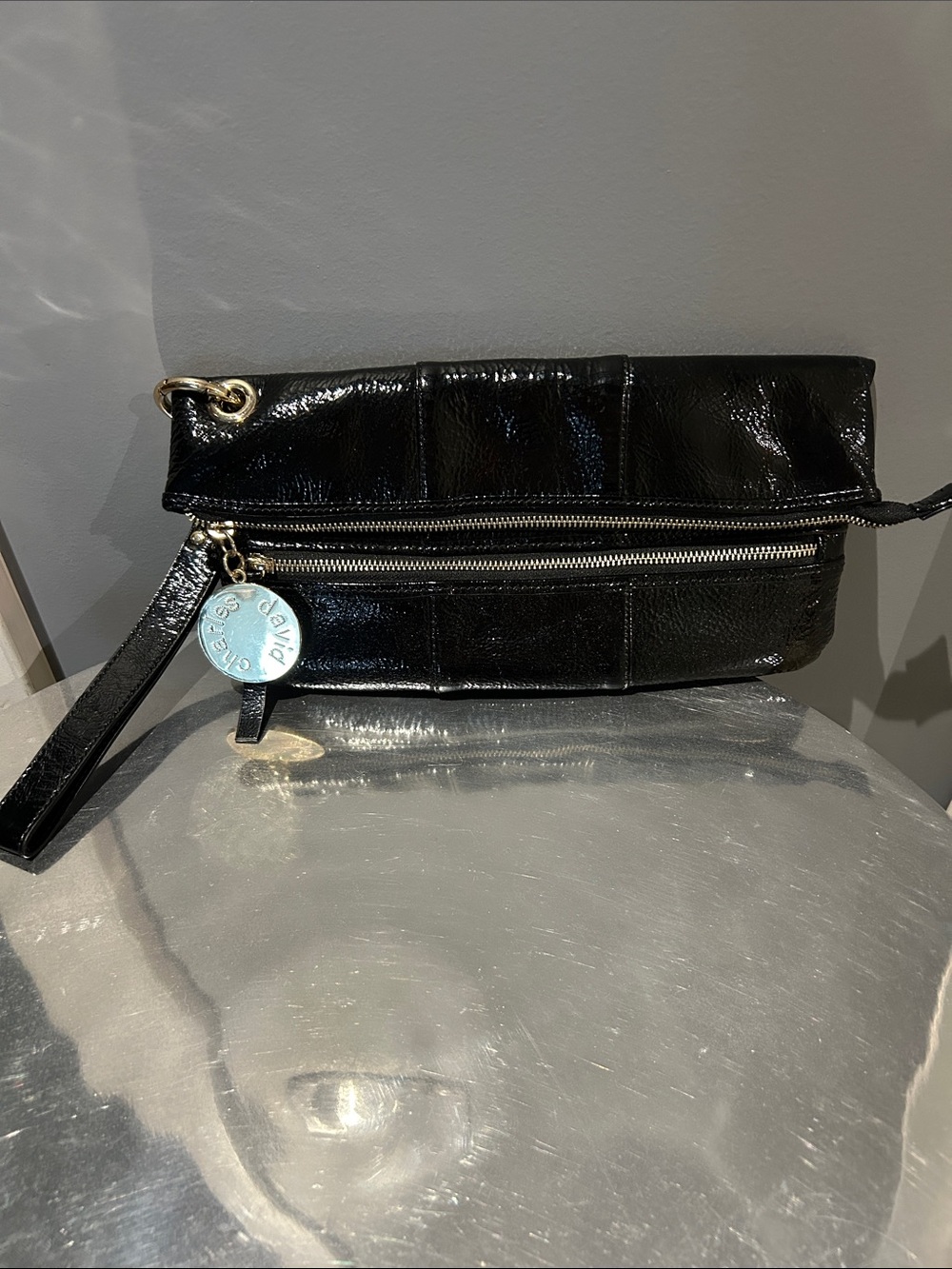 Charles David Black Patent Fold-Over Wristlet Clutch with Zip and Charm